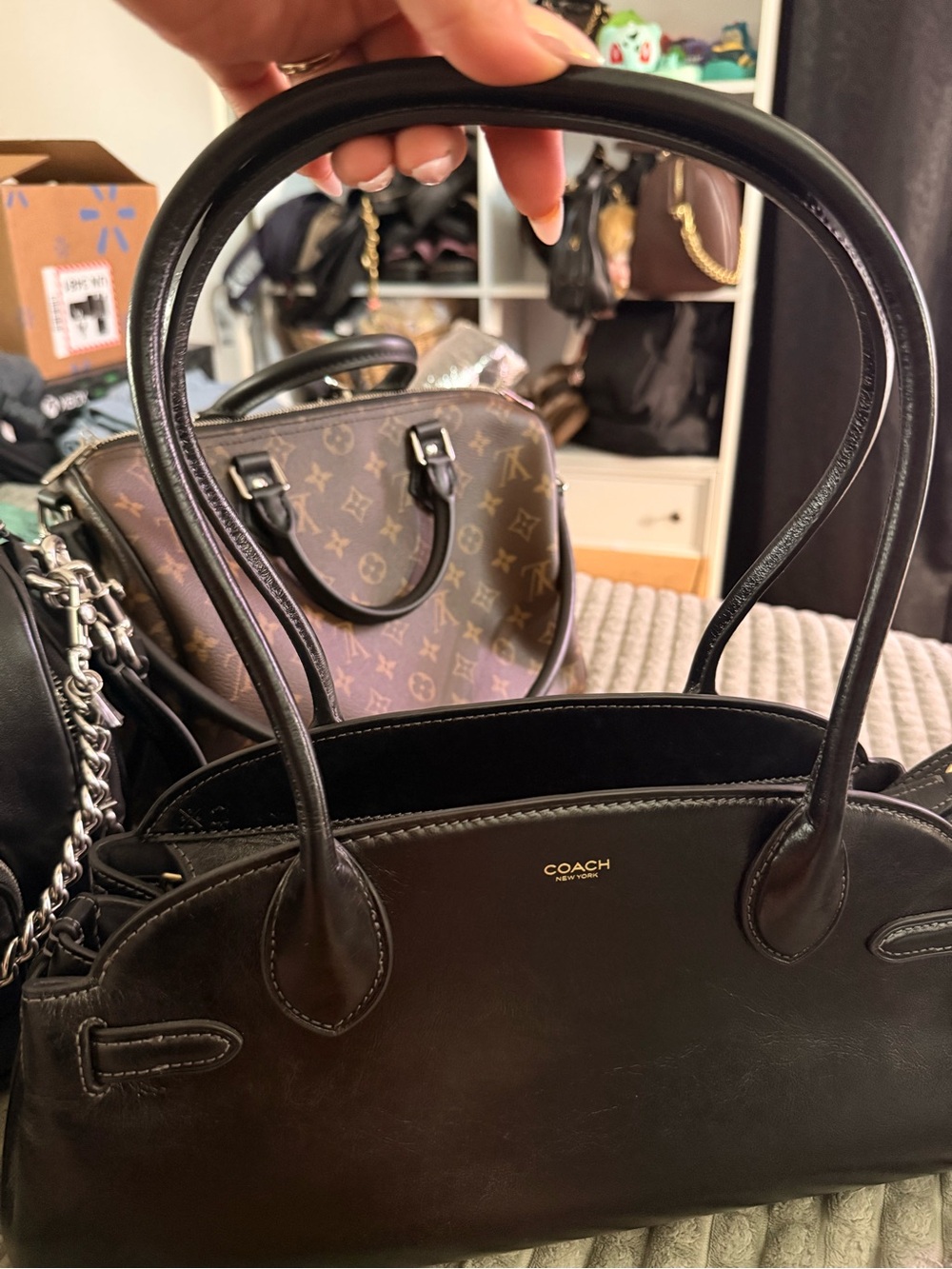Coach Empire 34 Black Leather Double-Handle Satchel with Gold Log